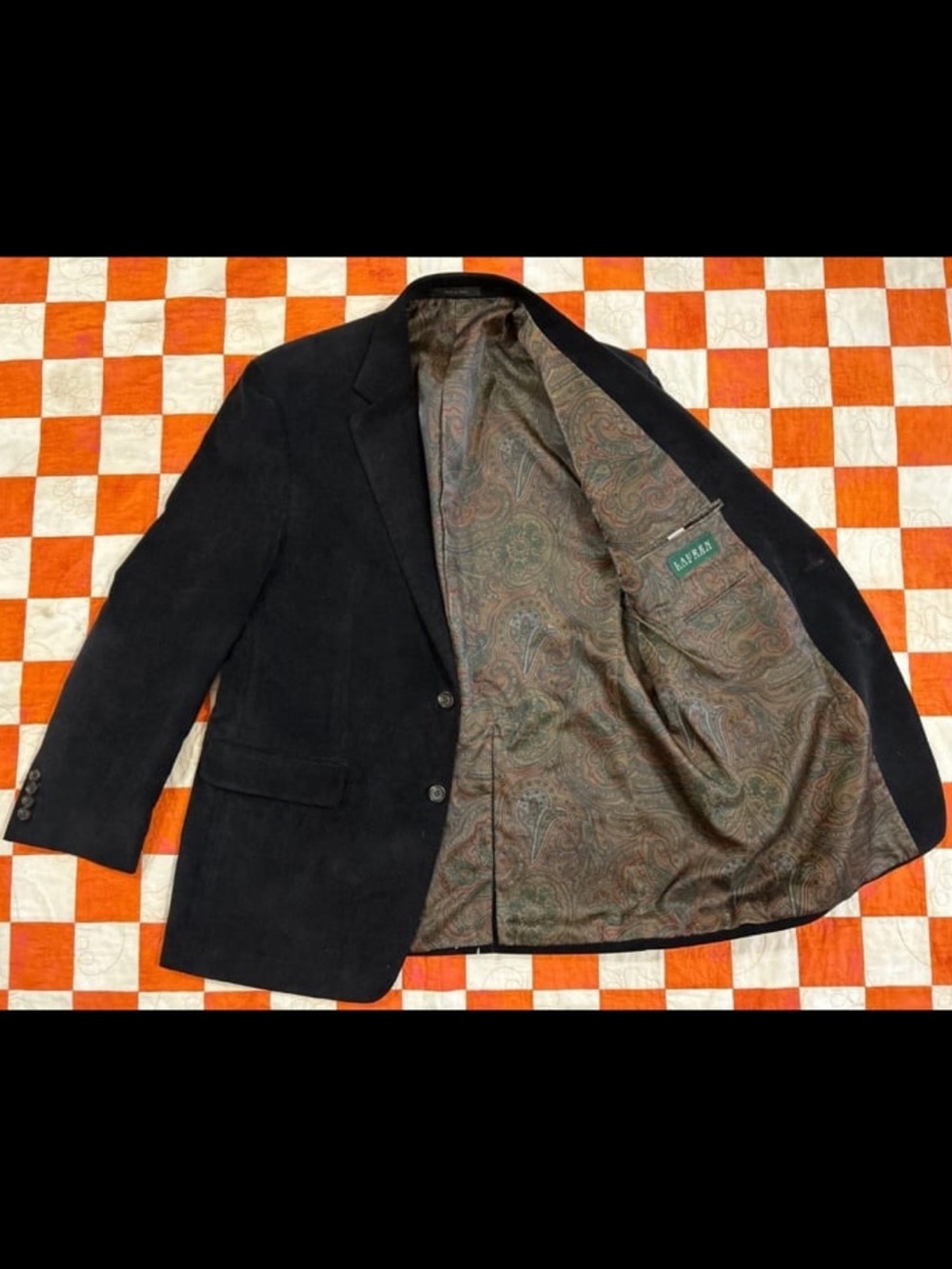 EUC Lauren Ralph Lauren Corduroy Blazer Mens 42r Paisley Lining SportCoat Black